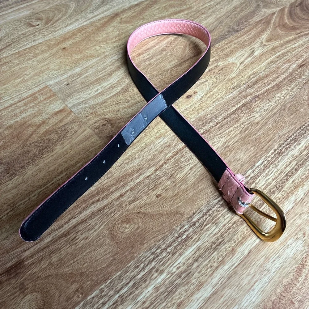 Vtg Pink Genuine Snakeskin Skinny Belt Gold Buckle Large Exotic Reptile Leather